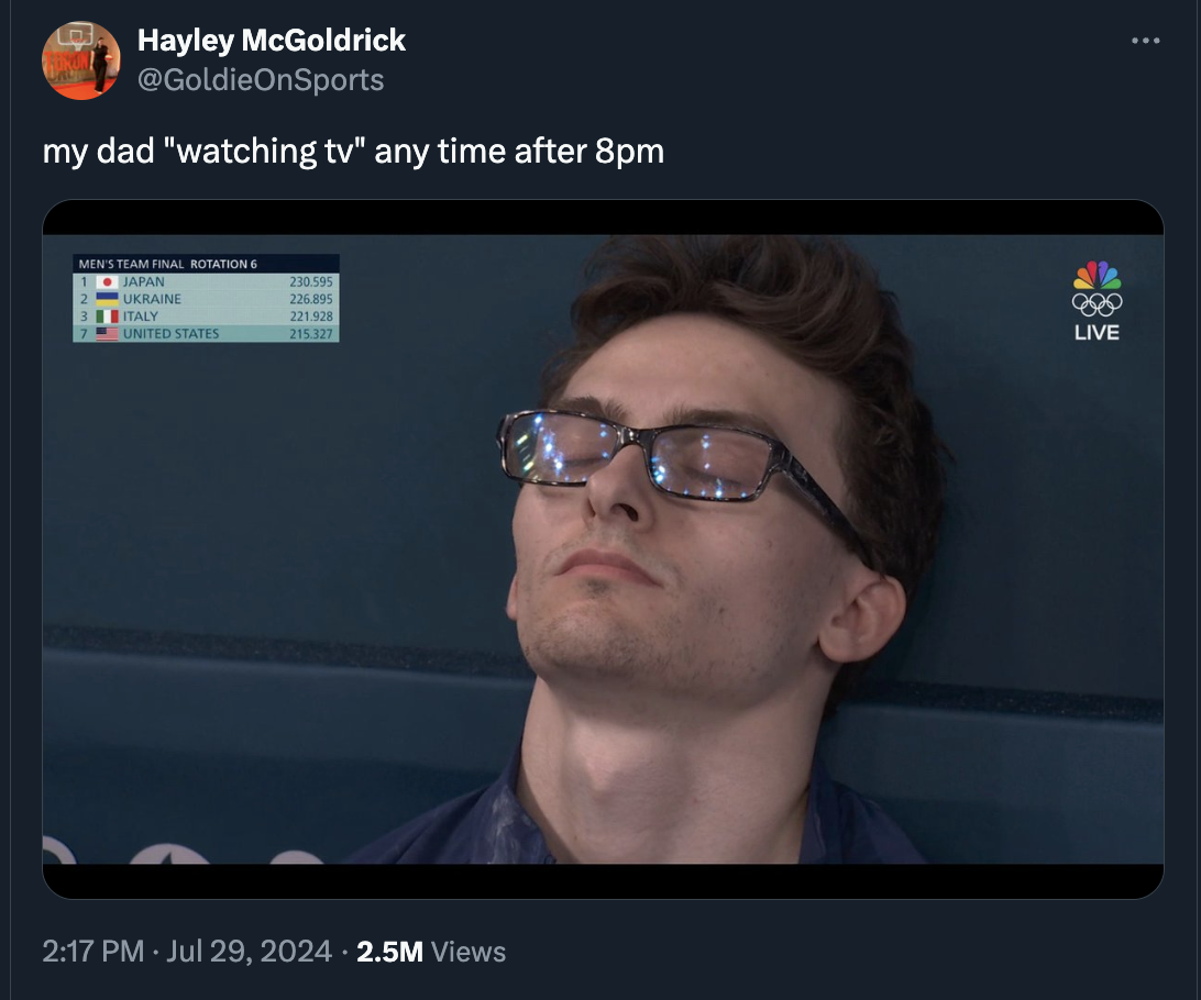 Internet meme - Hayley McGoldrick OnSports my dad "watching tv" any time after 8pm Men'S Team Final Rotation 6 Japan 230595 Ukraine Italy 226895 221928 United States 215321 2.5M Views Live